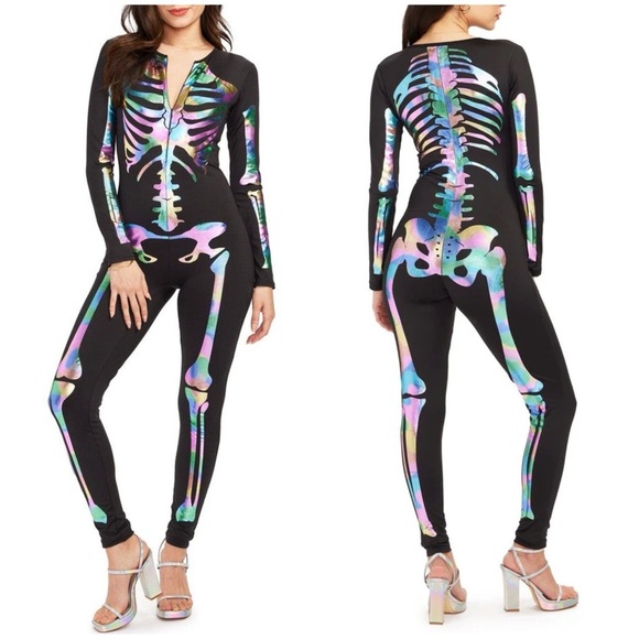 New Tipsy Elves Iridescent Skeleton Bodysuit Costume Jumpsuit Catsuit Black Sz M - Picture 1 of 12